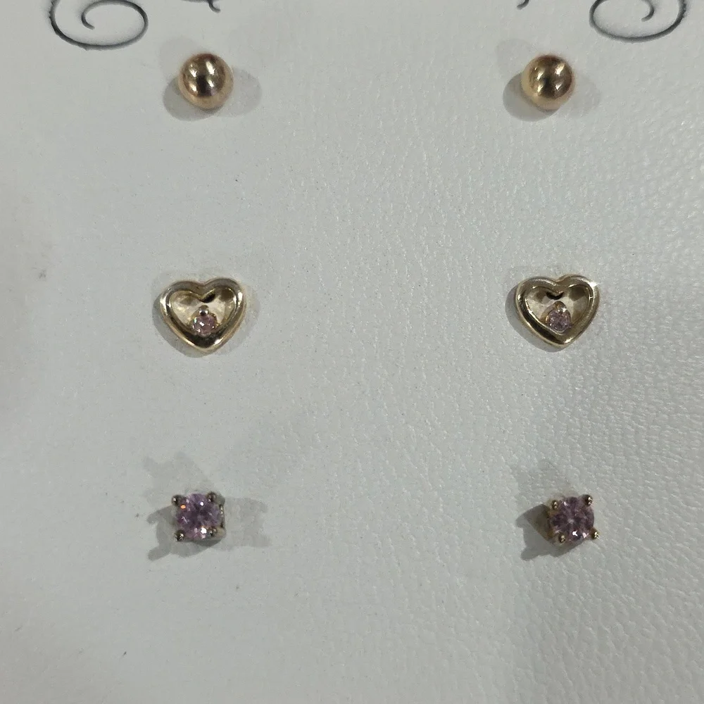 Trio: Gold Ball Studs, Heart-Shaped Pink Crystal Earrings, and Lavender Gemstone
